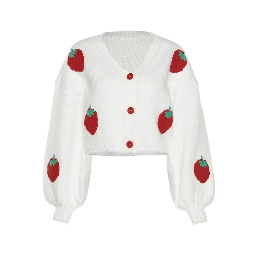 Oversized Crocheted Cardigan Sweater 3D Red Roses Chunky Knit Cream Button Down